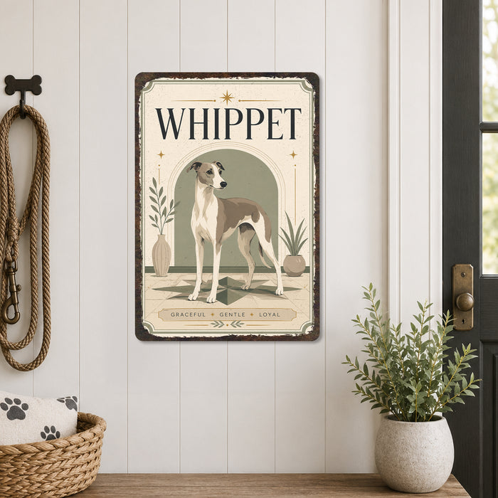 Whippet metal sign with vintage breed portrait style Whippet