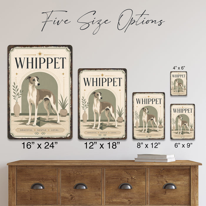 Whippet metal sign with vintage breed portrait style Whippet