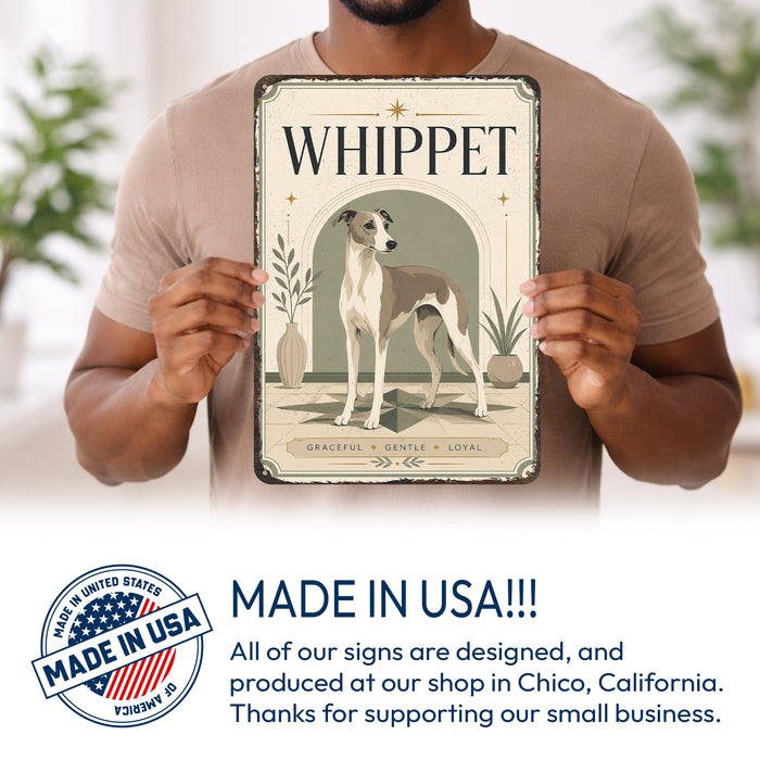 Whippet metal sign with vintage breed portrait style Whippet