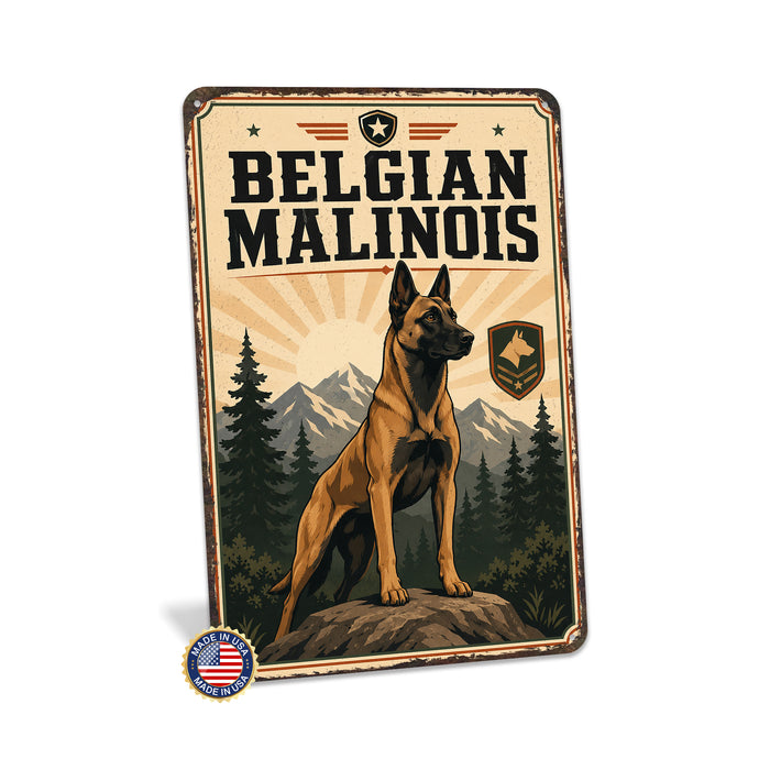 Belgian Malinois metal sign with vintage breed portrait style Belgian Malinois