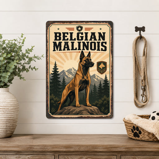 Belgian Malinois metal sign with vintage breed portrait style Belgian Malinois