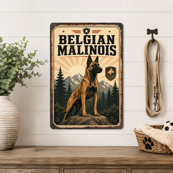 Belgian Malinois metal sign with vintage breed portrait style Belgian Malinois