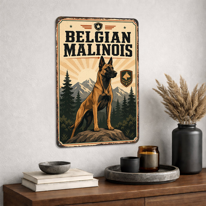 Belgian Malinois metal sign with vintage breed portrait style Belgian Malinois