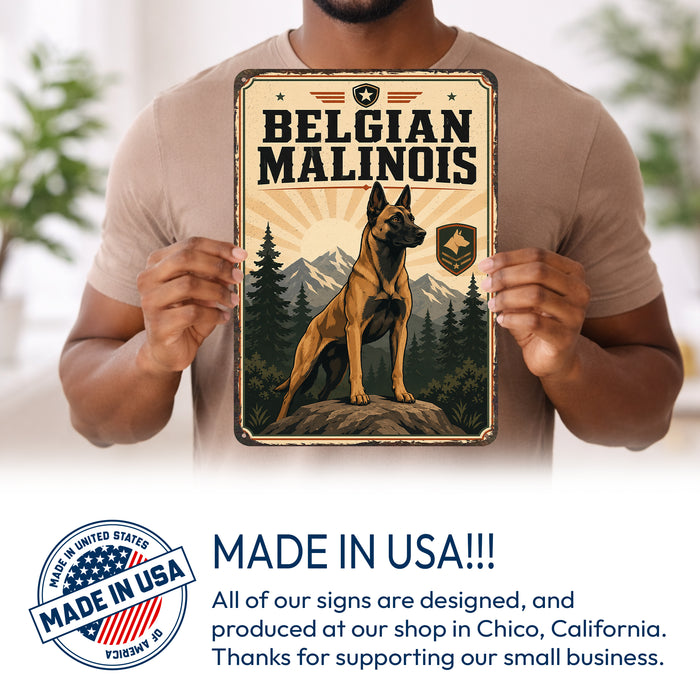 Belgian Malinois metal sign with vintage breed portrait style Belgian Malinois