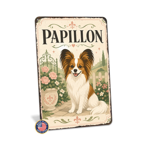 Papillon metal sign with vintage breed portrait style Papillon