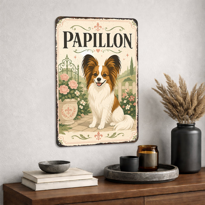 Papillon metal sign with vintage breed portrait style Papillon