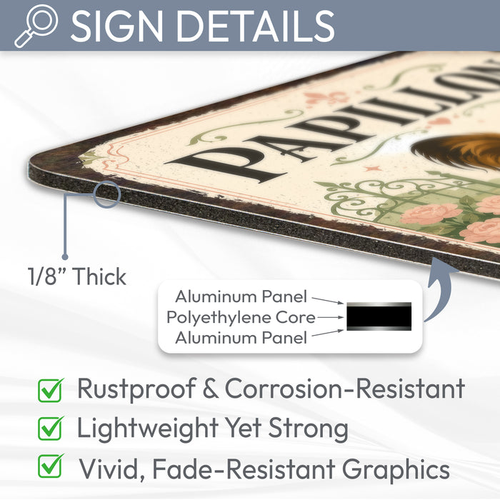 Papillon metal sign with vintage breed portrait style Papillon