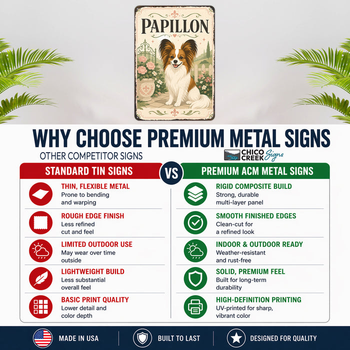 Papillon metal sign with vintage breed portrait style Papillon