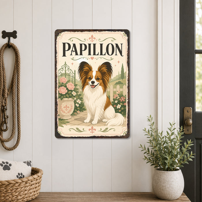 Papillon metal sign with vintage breed portrait style Papillon