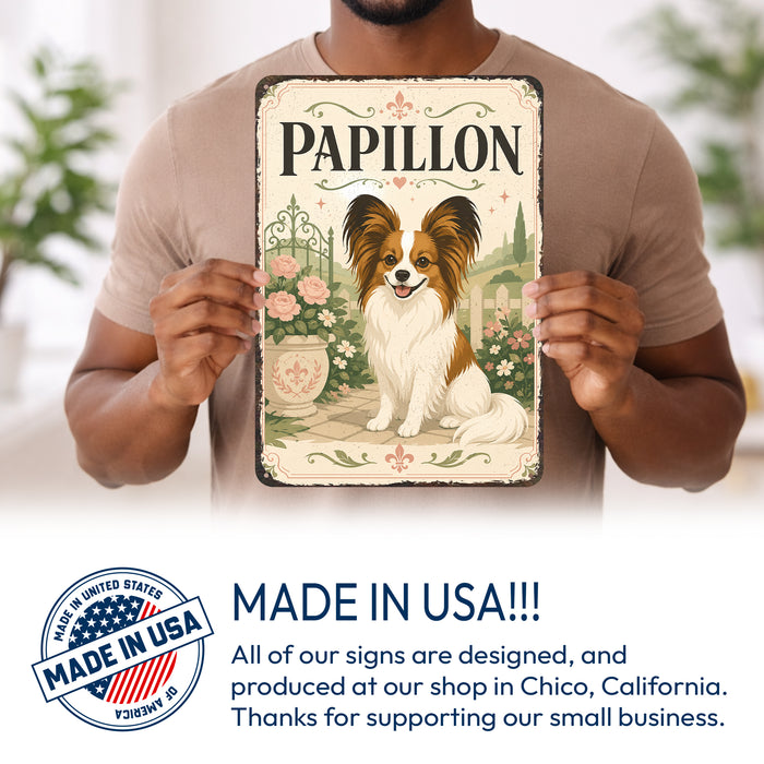 Papillon metal sign with vintage breed portrait style Papillon