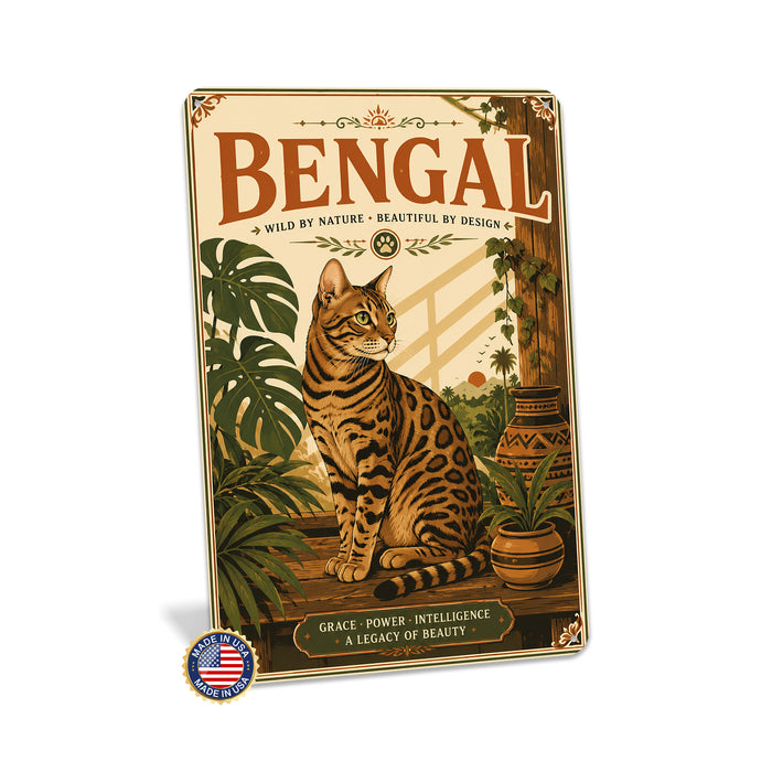 Bengal Cat metal sign with vintage breed portrait style Bengal Cat