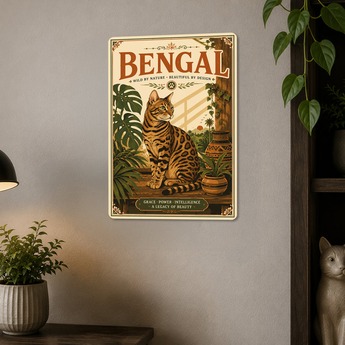 Bengal Cat metal sign with vintage breed portrait style Bengal Cat