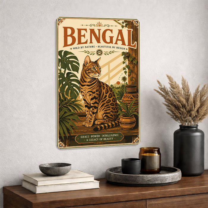 Bengal Cat metal sign with vintage breed portrait style Bengal Cat