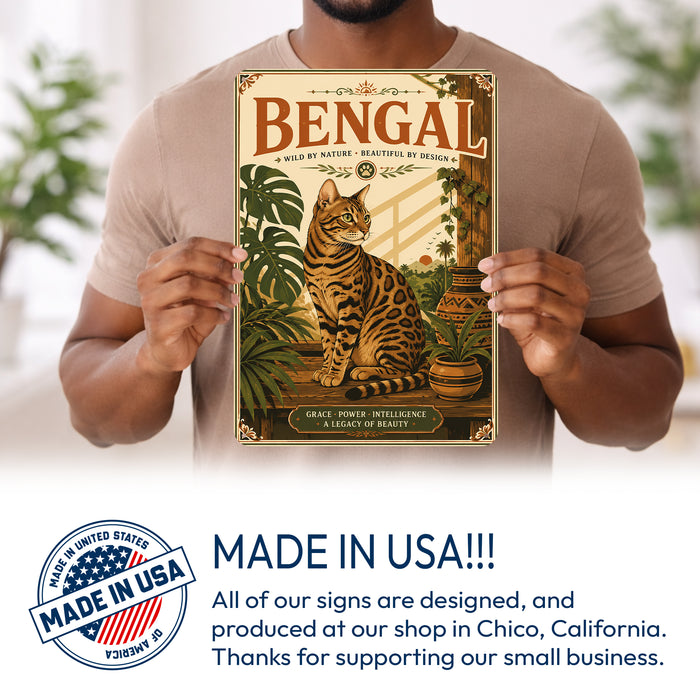 Bengal Cat metal sign with vintage breed portrait style Bengal Cat