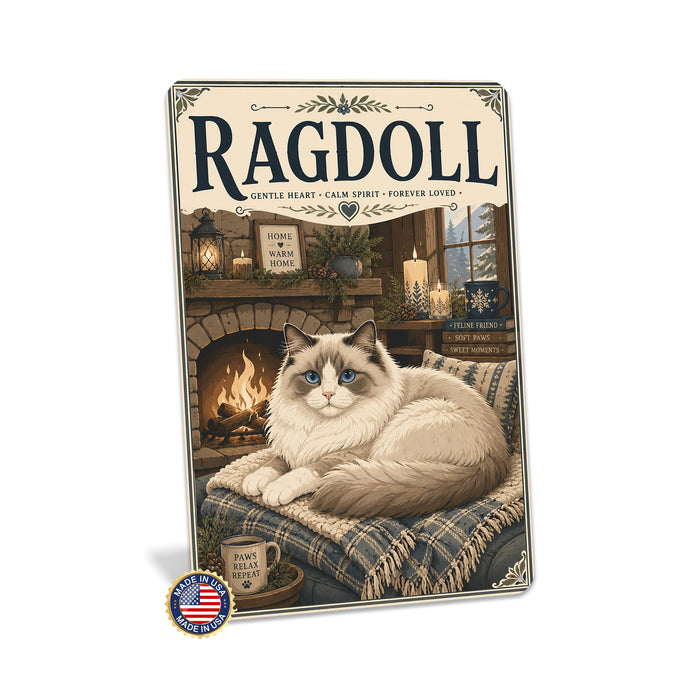 Ragdoll Cat metal sign with vintage breed portrait style Ragdoll Cat