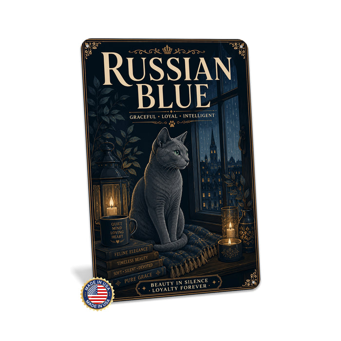 Russian Blue metal sign with vintage breed portrait style Russian Blue