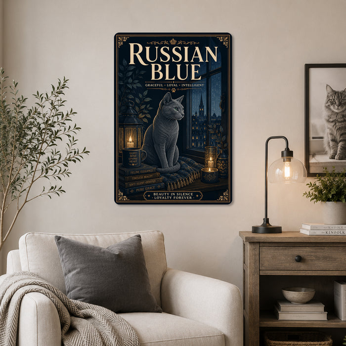 Russian Blue metal sign with vintage breed portrait style Russian Blue