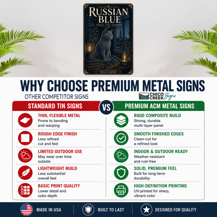 Russian Blue metal sign with vintage breed portrait style Russian Blue