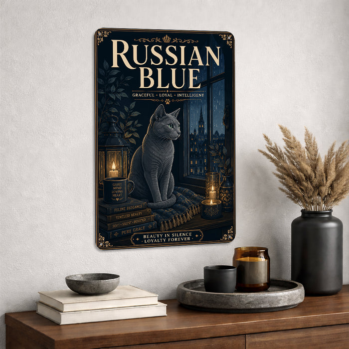 Russian Blue metal sign with vintage breed portrait style Russian Blue