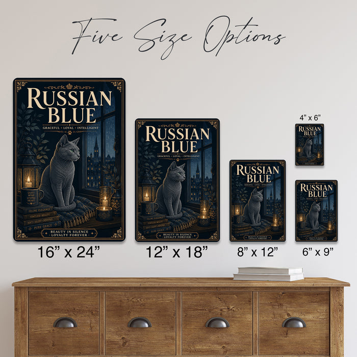 Russian Blue metal sign with vintage breed portrait style Russian Blue