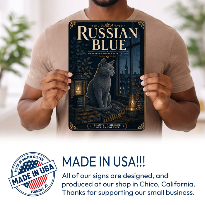 Russian Blue metal sign with vintage breed portrait style Russian Blue