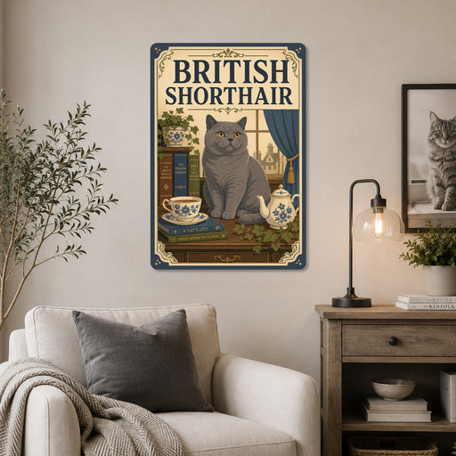 British Shorthair metal sign with vintage breed portrait style British Shorthair