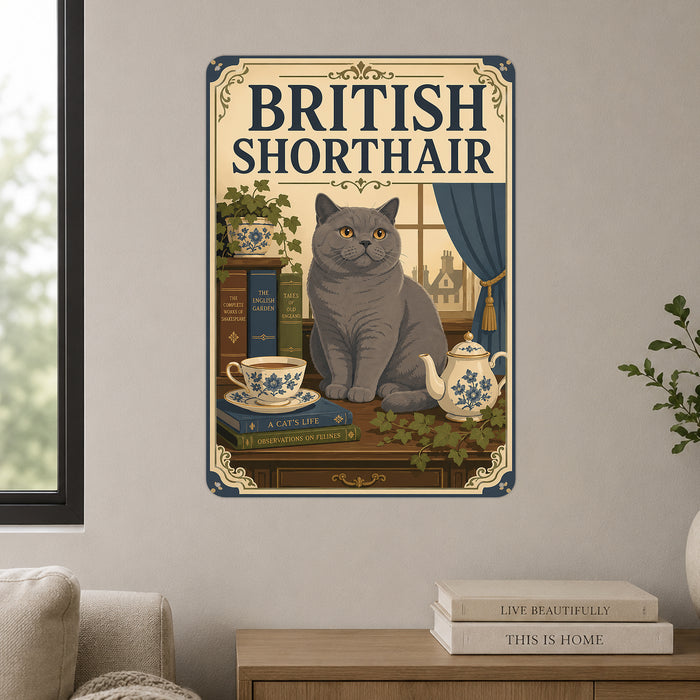 British Shorthair metal sign with vintage breed portrait style British Shorthair