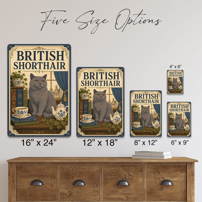 British Shorthair metal sign with vintage breed portrait style British Shorthair