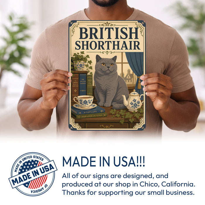 British Shorthair metal sign with vintage breed portrait style British Shorthair