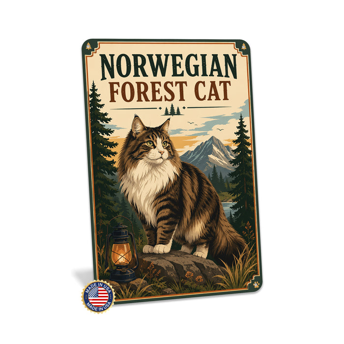 Norwegian Forest Cat metal sign with vintage breed portrait style Norwegian Forest Cat