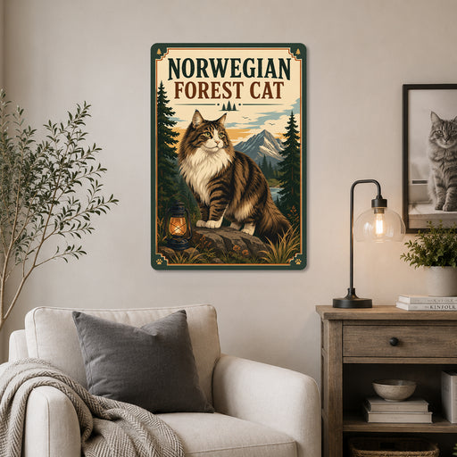 Norwegian Forest Cat metal sign with vintage breed portrait style Norwegian Forest Cat