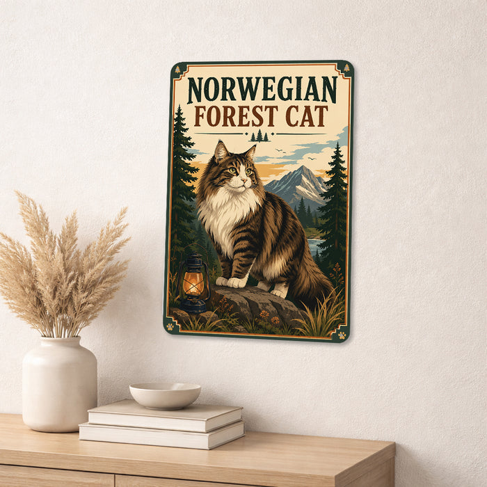 Norwegian Forest Cat metal sign with vintage breed portrait style Norwegian Forest Cat