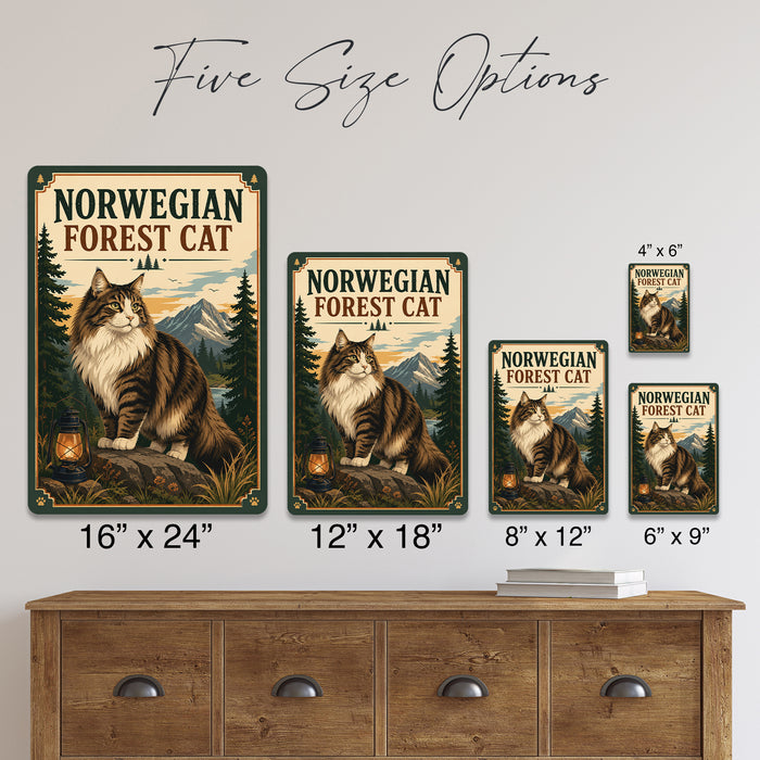 Norwegian Forest Cat metal sign with vintage breed portrait style Norwegian Forest Cat