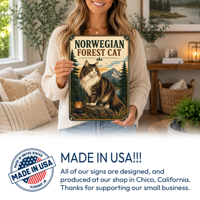 Norwegian Forest Cat metal sign with vintage breed portrait style Norwegian Forest Cat