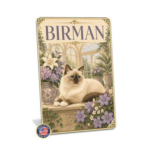 Birman Cat metal sign with vintage breed portrait style Birman Cat