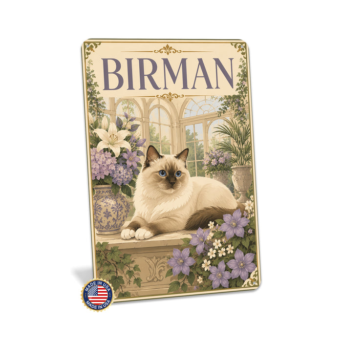 Birman Cat metal sign with vintage breed portrait style Birman Cat