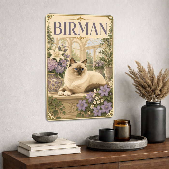 Birman Cat metal sign with vintage breed portrait style Birman Cat