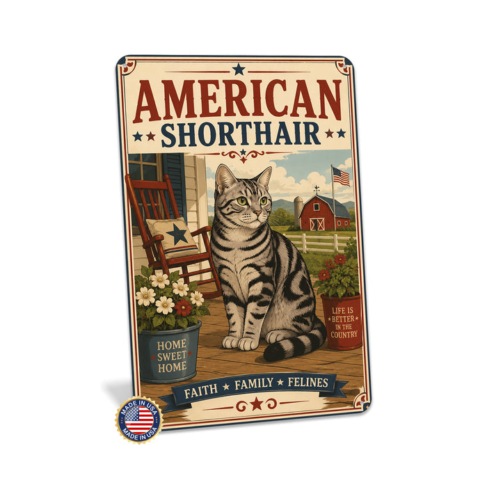 American Shorthair metal sign with vintage breed portrait style American Shorthair