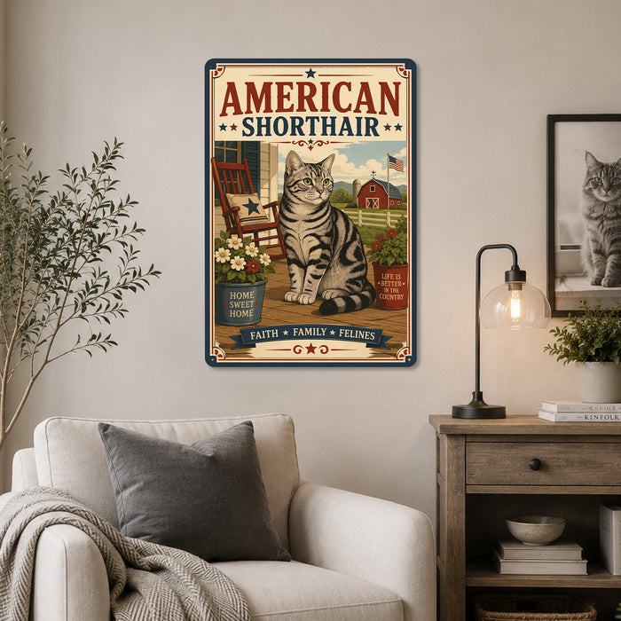American Shorthair metal sign with vintage breed portrait style American Shorthair