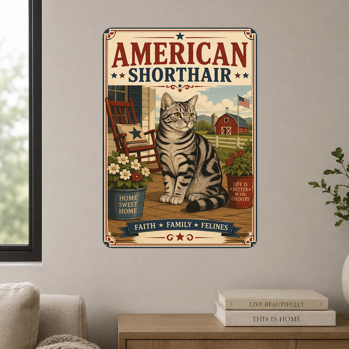 American Shorthair metal sign with vintage breed portrait style American Shorthair