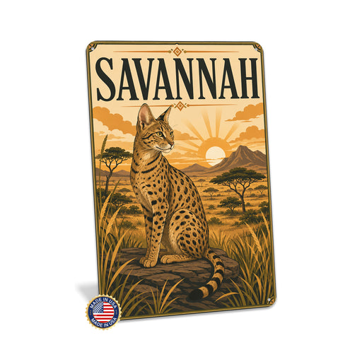 Savannah Cat metal sign with vintage breed portrait style Savannah Cat