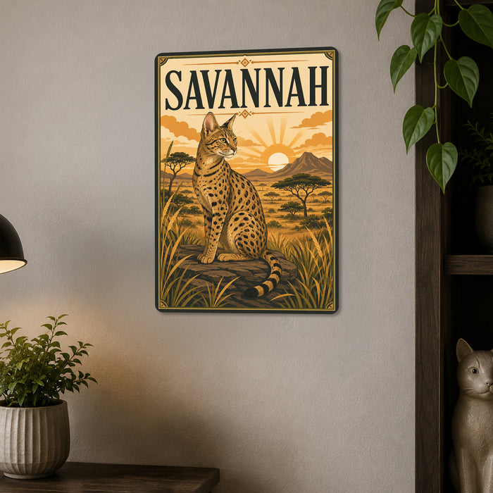 Savannah Cat metal sign with vintage breed portrait style Savannah Cat