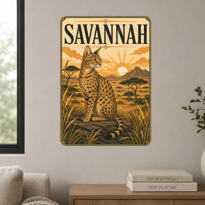 Savannah Cat metal sign with vintage breed portrait style Savannah Cat