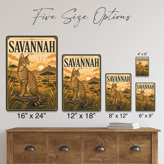 Savannah Cat metal sign with vintage breed portrait style Savannah Cat