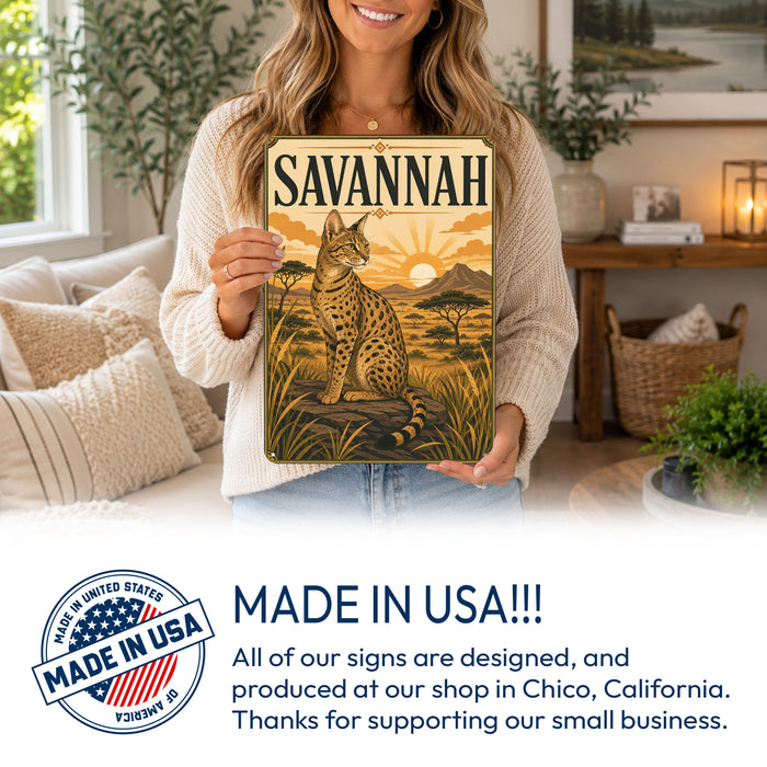 Savannah Cat metal sign with vintage breed portrait style Savannah Cat