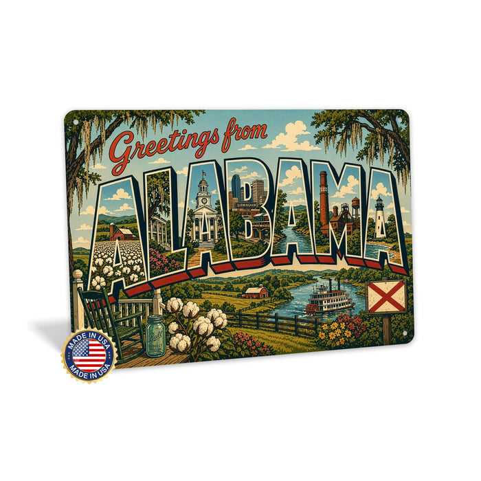 Greetings from Alabama metal sign with horizontal vintage 'Greetings from Alabama' large-letter postcard with Birmingham