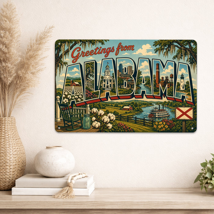Greetings from Alabama metal sign with horizontal vintage 'Greetings from Alabama' large-letter postcard with Birmingham
