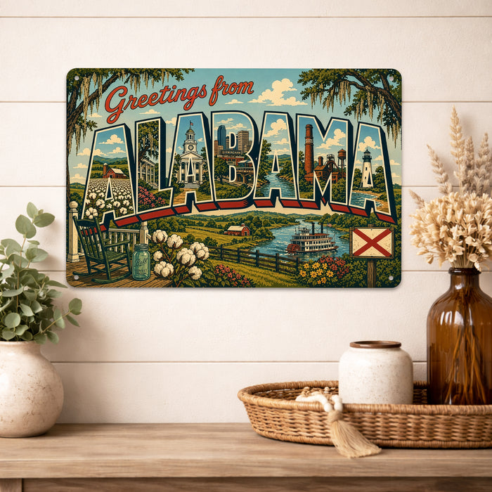 Greetings from Alabama metal sign with horizontal vintage 'Greetings from Alabama' large-letter postcard with Birmingham