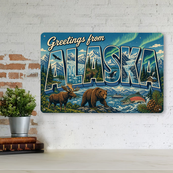 Greetings from Alaska metal sign with horizontal vintage 'Greetings from Alaska' large-letter postcard with snowy mountains