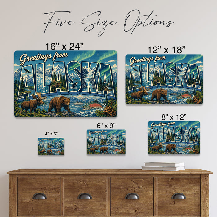 Greetings from Alaska metal sign with horizontal vintage 'Greetings from Alaska' large-letter postcard with snowy mountains
